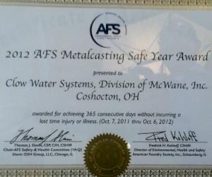 Clow Water a reçu avec fierté le prix 2012 de l'AFS, pour une année de fonderie de métaux sans accident